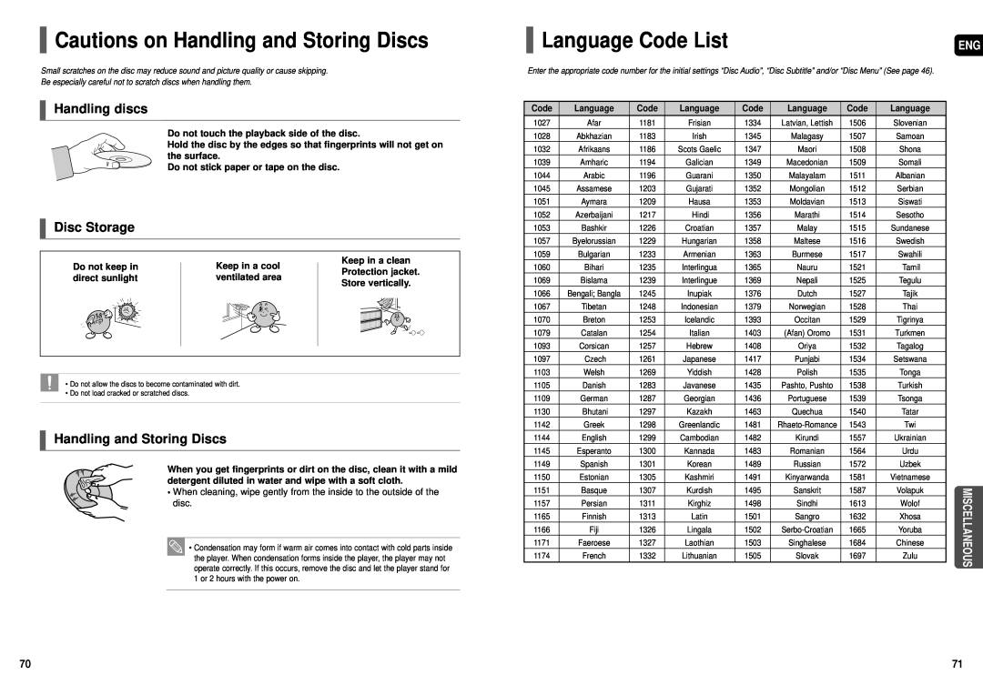 Samsung HT-X70 Cautions on Handling and Storing Discs, Language Code List, Handling discs, Disc Storage, Miscellaneous 