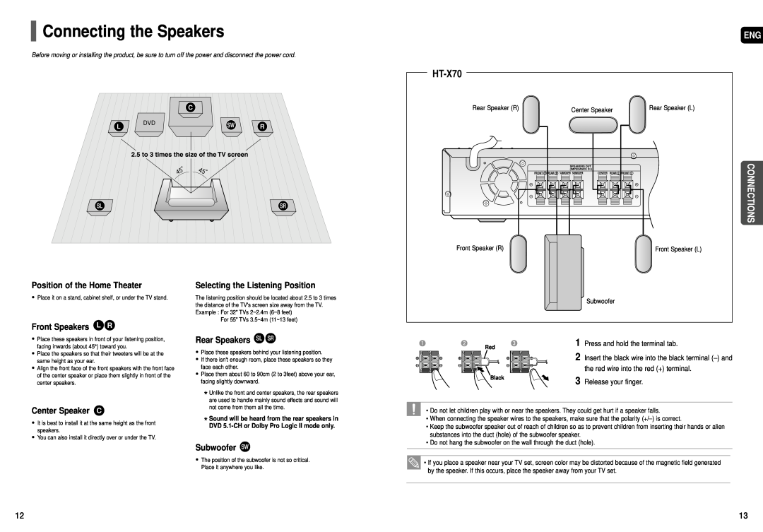 Samsung HT-TX72, HT-TX75 instruction manual Connecting the Speakers, HT-X70, Connections 