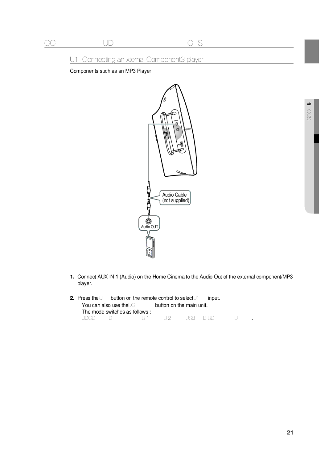 Samsung HT-X710 user manual Connecting Audio from External Components, AUX1 Connecting an External Component/MP3 player 