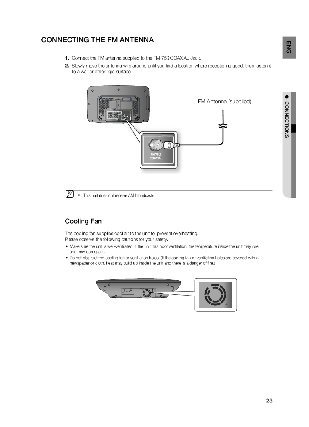 Samsung HT-X710 user manual Cooling Fan, FM Antenna supplied, ` This unit does not receive AM broadcasts 