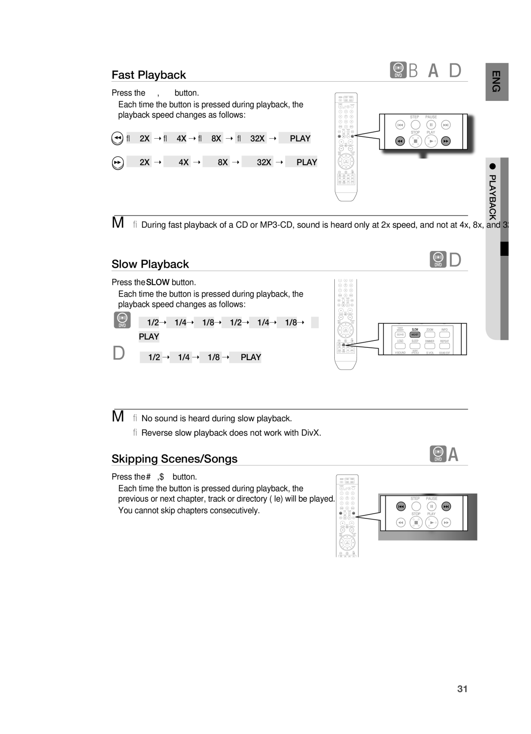 Samsung HT-X710 user manual Slow Playback, Skipping Scenes/Songs, Press the , button, 2X  4X  8X  32X   PlAY 