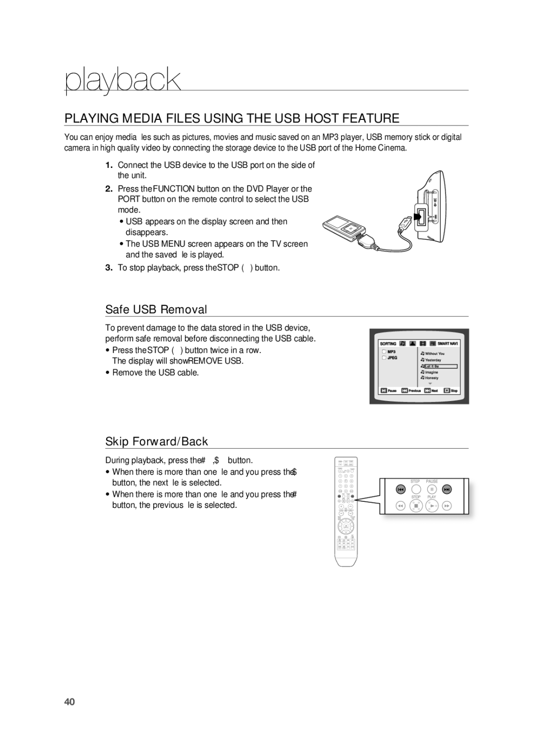 Samsung HT-X710 user manual PlAYING Media FIlES Using the USB Host FEATUrE, Safe USB removal, ~ Remove the USB cable 