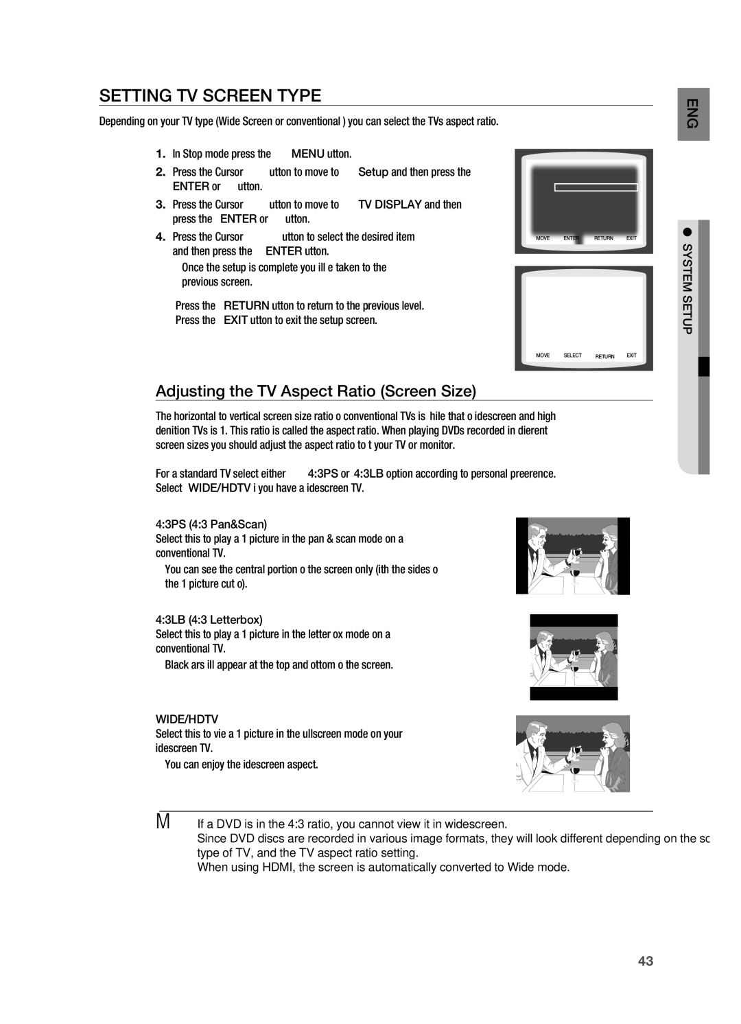 Samsung HT-X710 user manual Setting TV Screen Type, Adjusting the TV Aspect Ratio Screen Size, Wide/Hdtv, System setup 