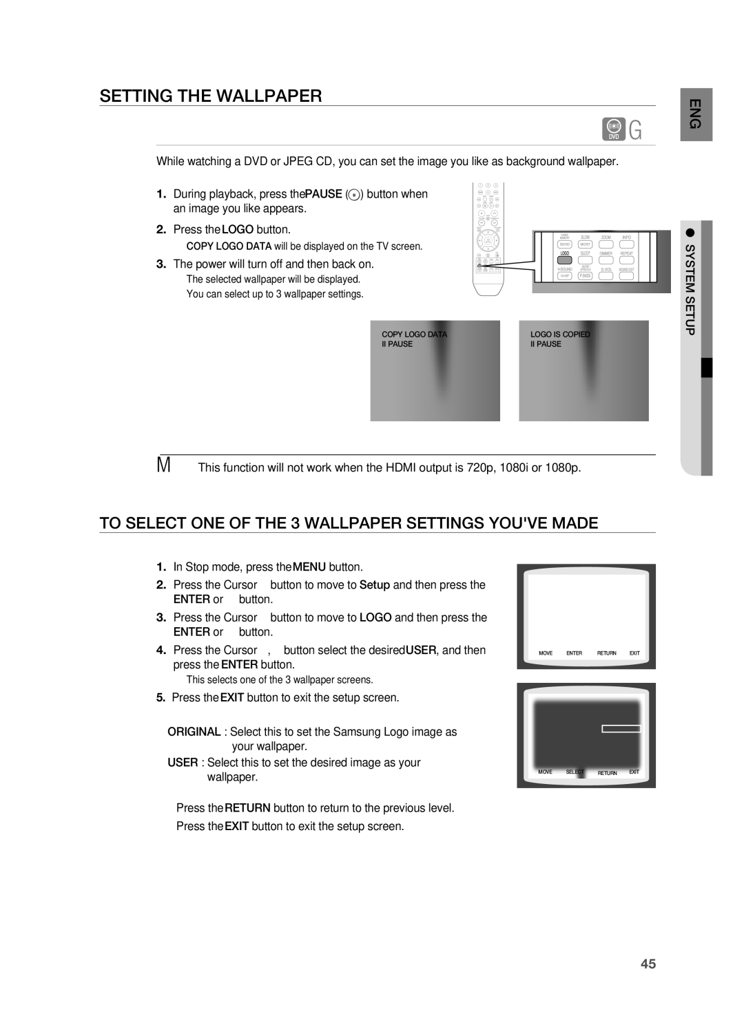 Samsung HT-X710 user manual Setting the WAllPAPEr, To SElECT ONE of the 3 WAllPAPEr Settings Youve Made, System Setup 