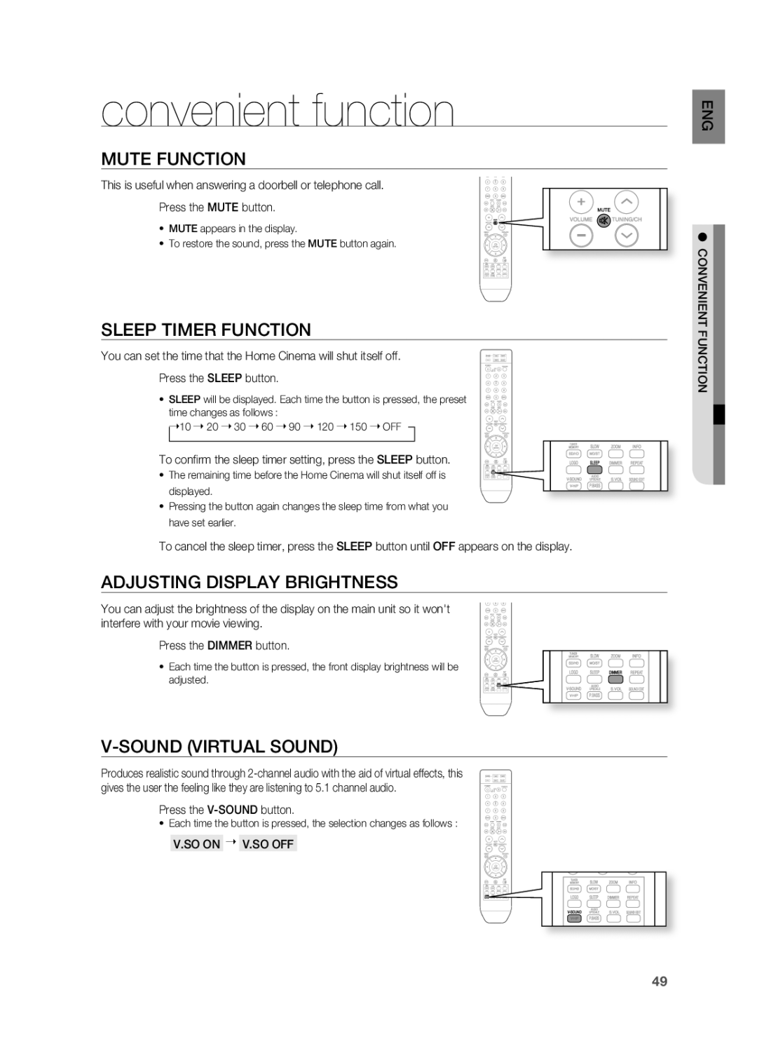 Samsung HT-X710 user manual Convenient function, SlEEP TIMEr Function, Adjusting DISPlAY BrIGHTNESS, Sound VIrTUAl Sound 