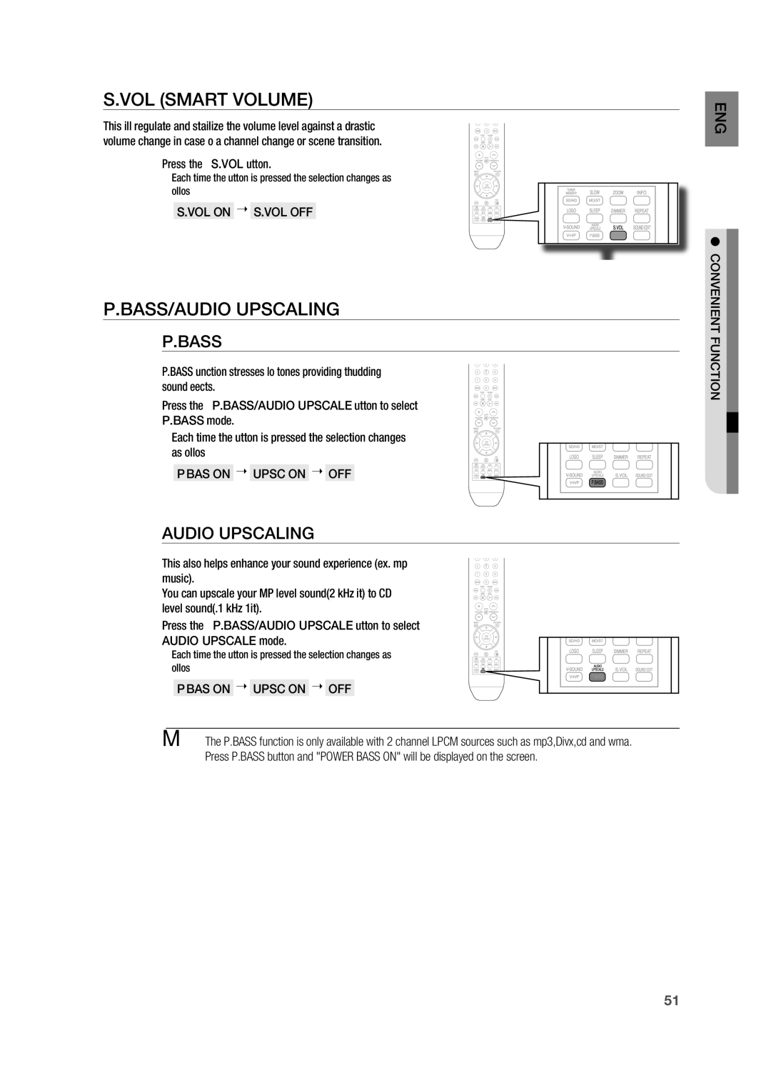 Samsung HT-X710 user manual VOl SMArT VOlUME, BASS/AUDIO UPSCAlING, Audio UPSCAlING, BAS on  Upsc on  OFF 