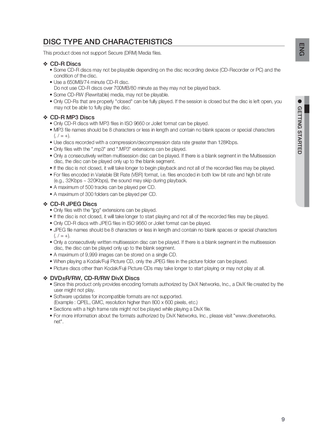 Samsung HT-X710 Disc Type and Characteristics, CD-R Discs, CD-R MP3 Discs, CD-R Jpeg Discs, DVD±R/RW, CD-R/RW DivX Discs 