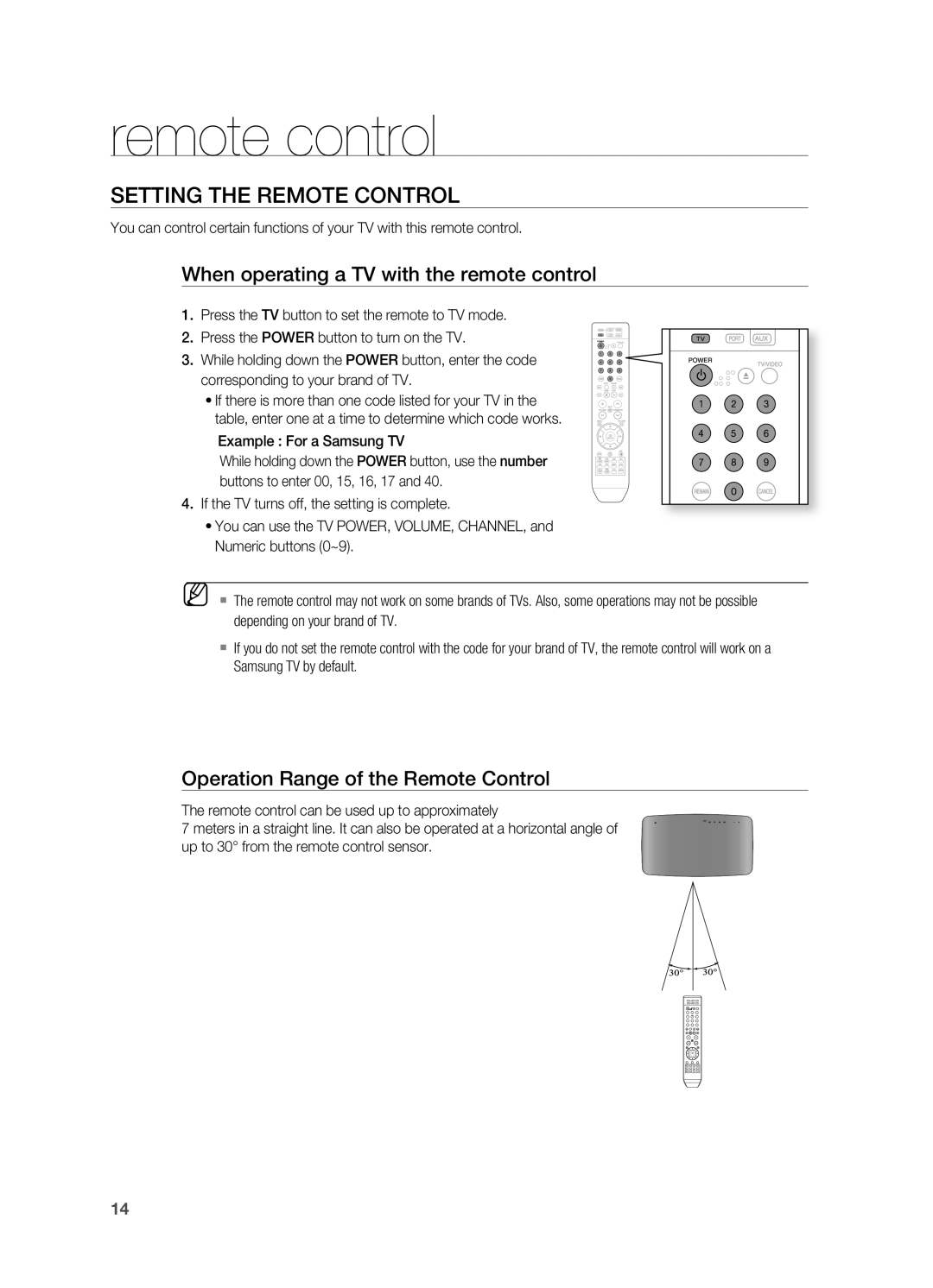 Samsung HT-X710 user manual SETTING THE rEMOTE CONTrOl, When operating a TV with the remote control 
