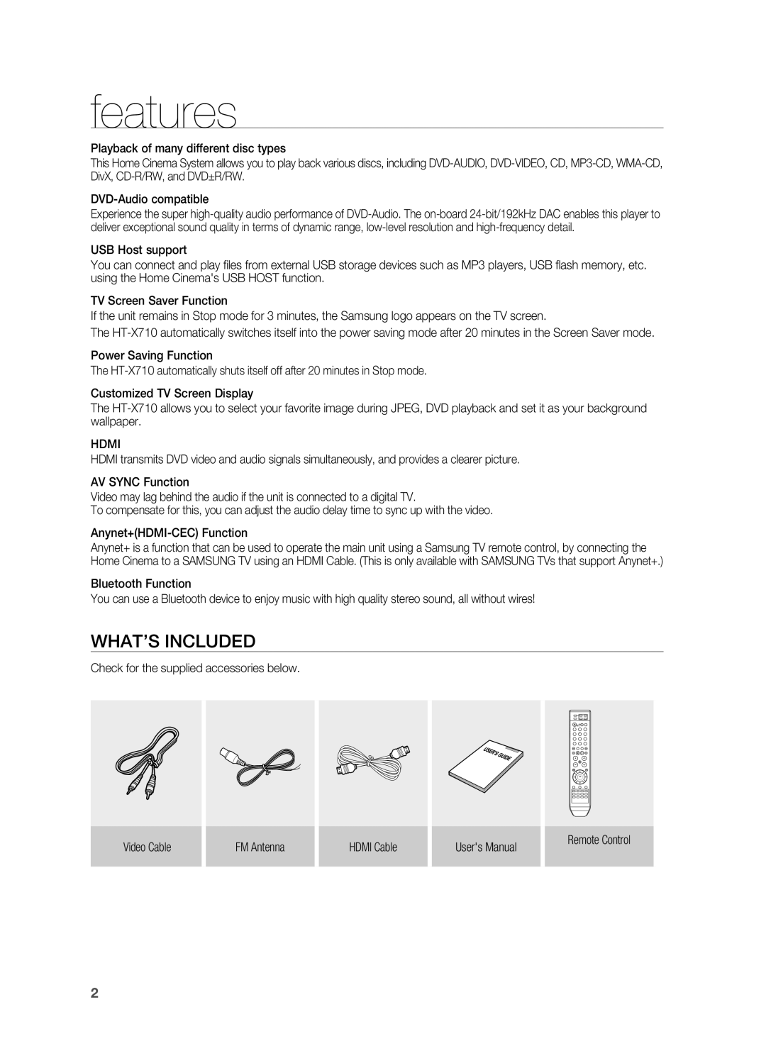 Samsung HT-X710 user manual features, What’s included 