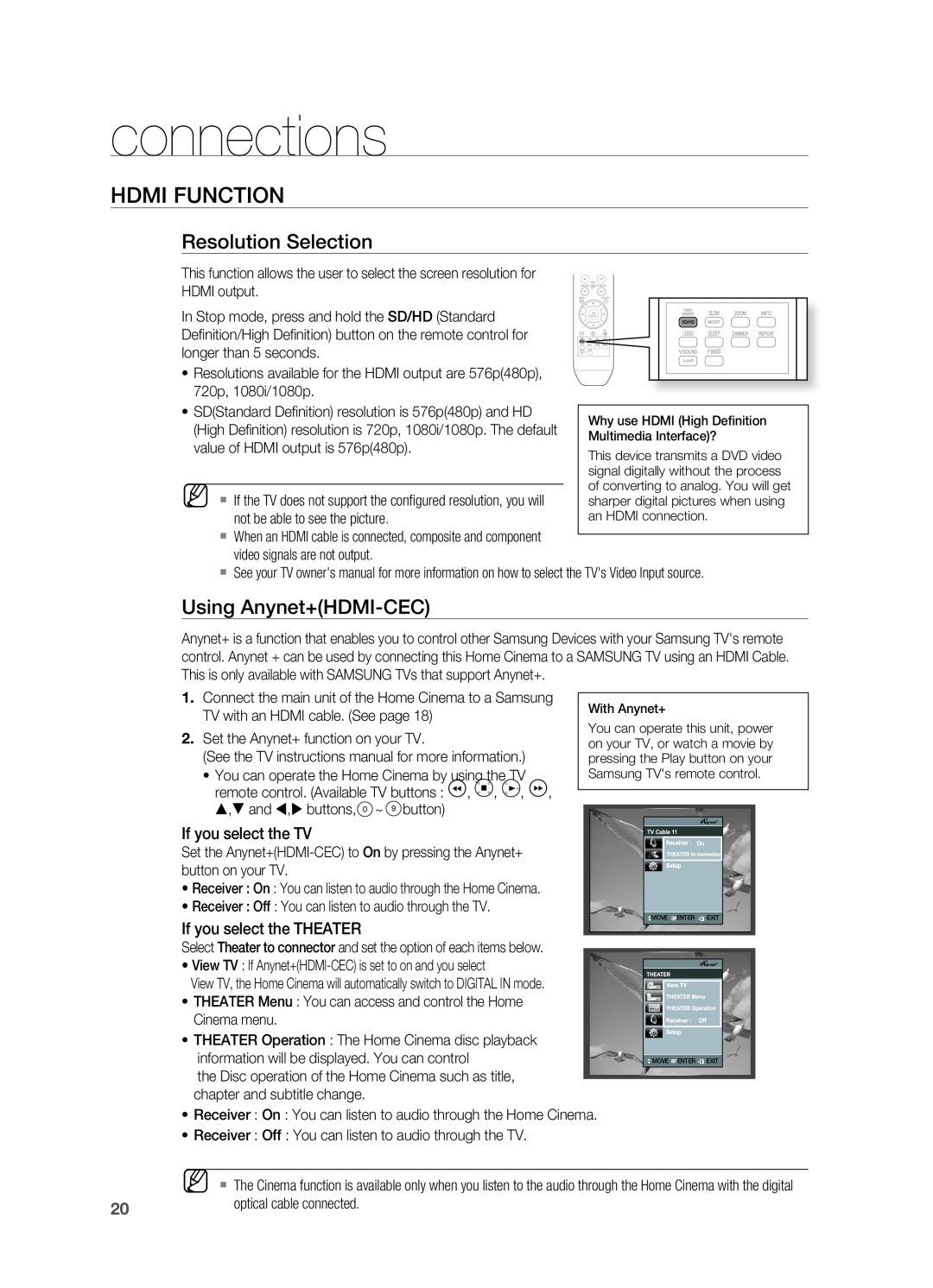 Samsung HT-X710 user manual Hdmi Function, resolution Selection, Using Anynet+HDMI-CEC, connections 