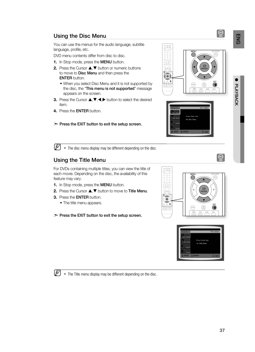 Samsung HT-X710 user manual Using the Disc Menu, Using the Title Menu 