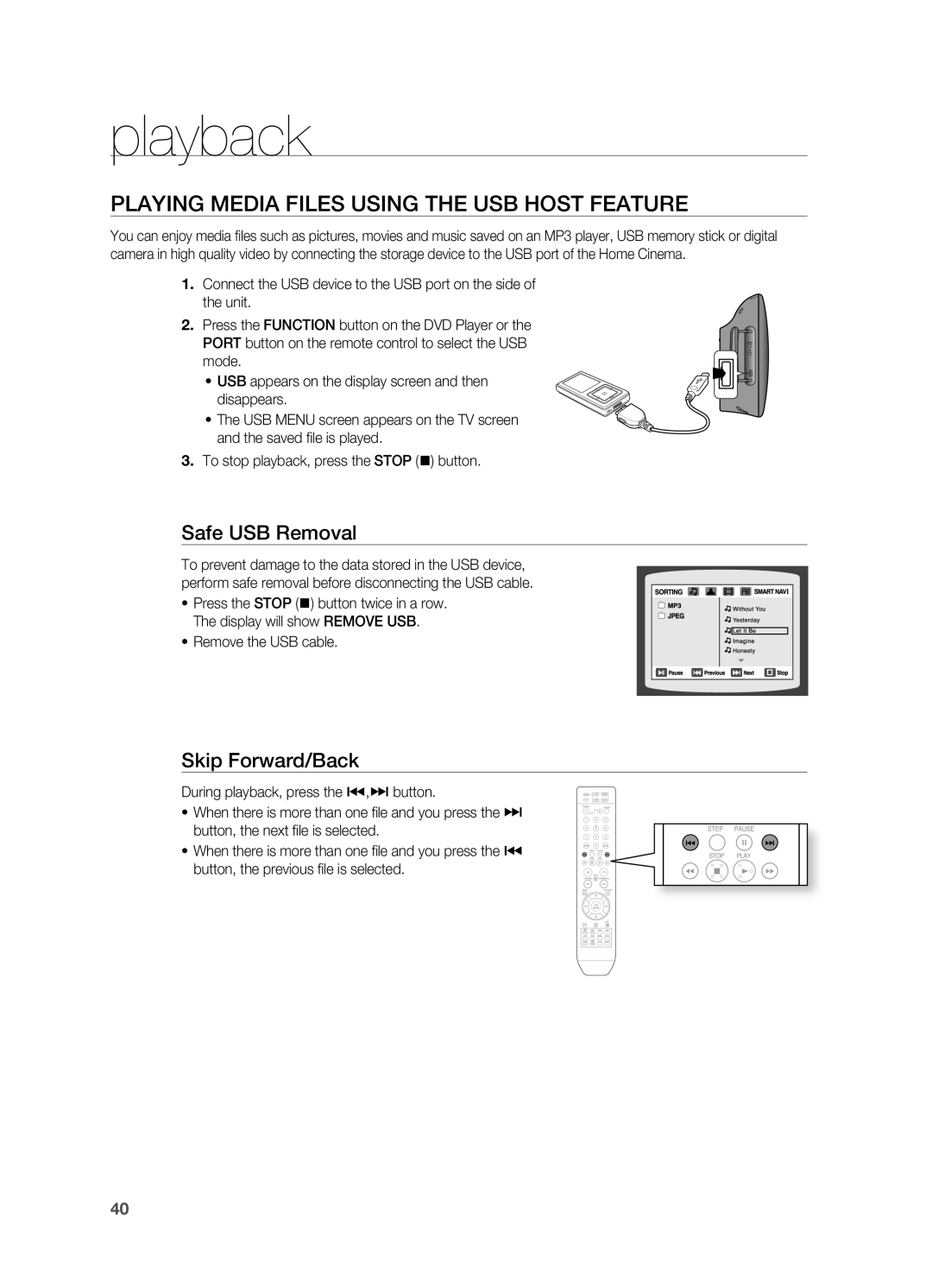 Samsung HT-X710 user manual PlAYING MEDIA FIlES USING THE USB HOST FEATUrE, Safe USB removal, playback, Skip Forward/Back 