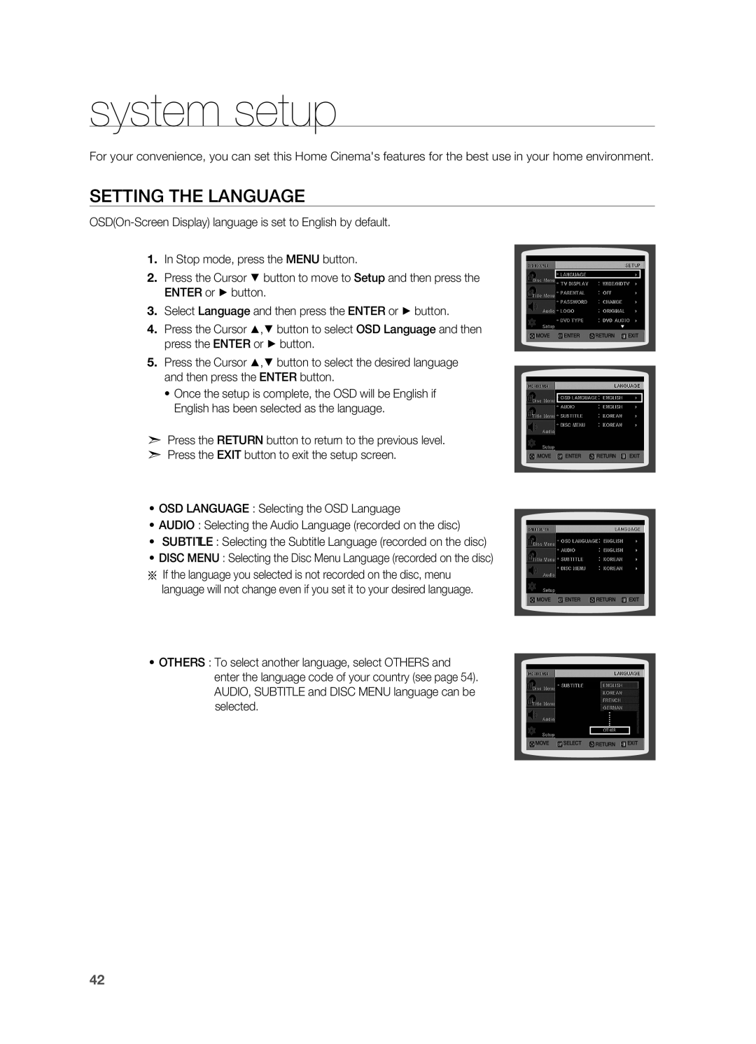 Samsung HT-X710 user manual system setup, Setting the Language 