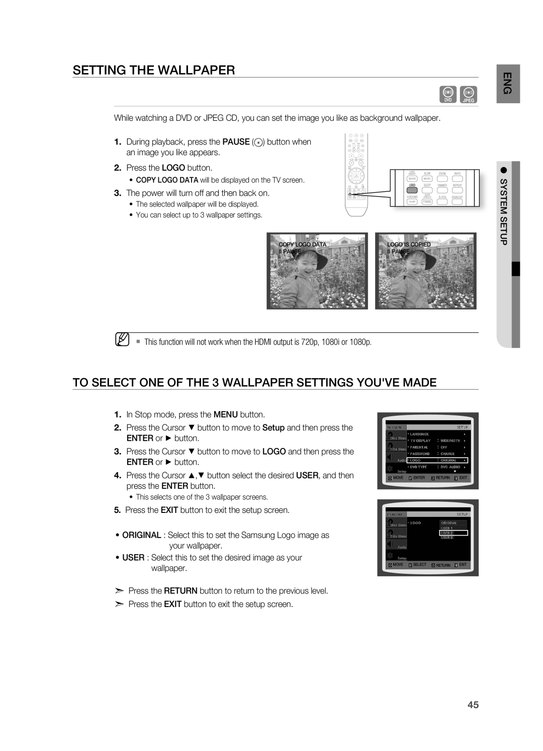 Samsung HT-X710 user manual SETTING THE WAllPAPEr 