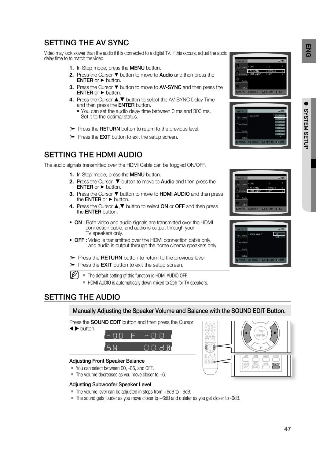 Samsung HT-X710 user manual Setting The Av Sync, Setting The Hdmi Audio, Setting The Audio 