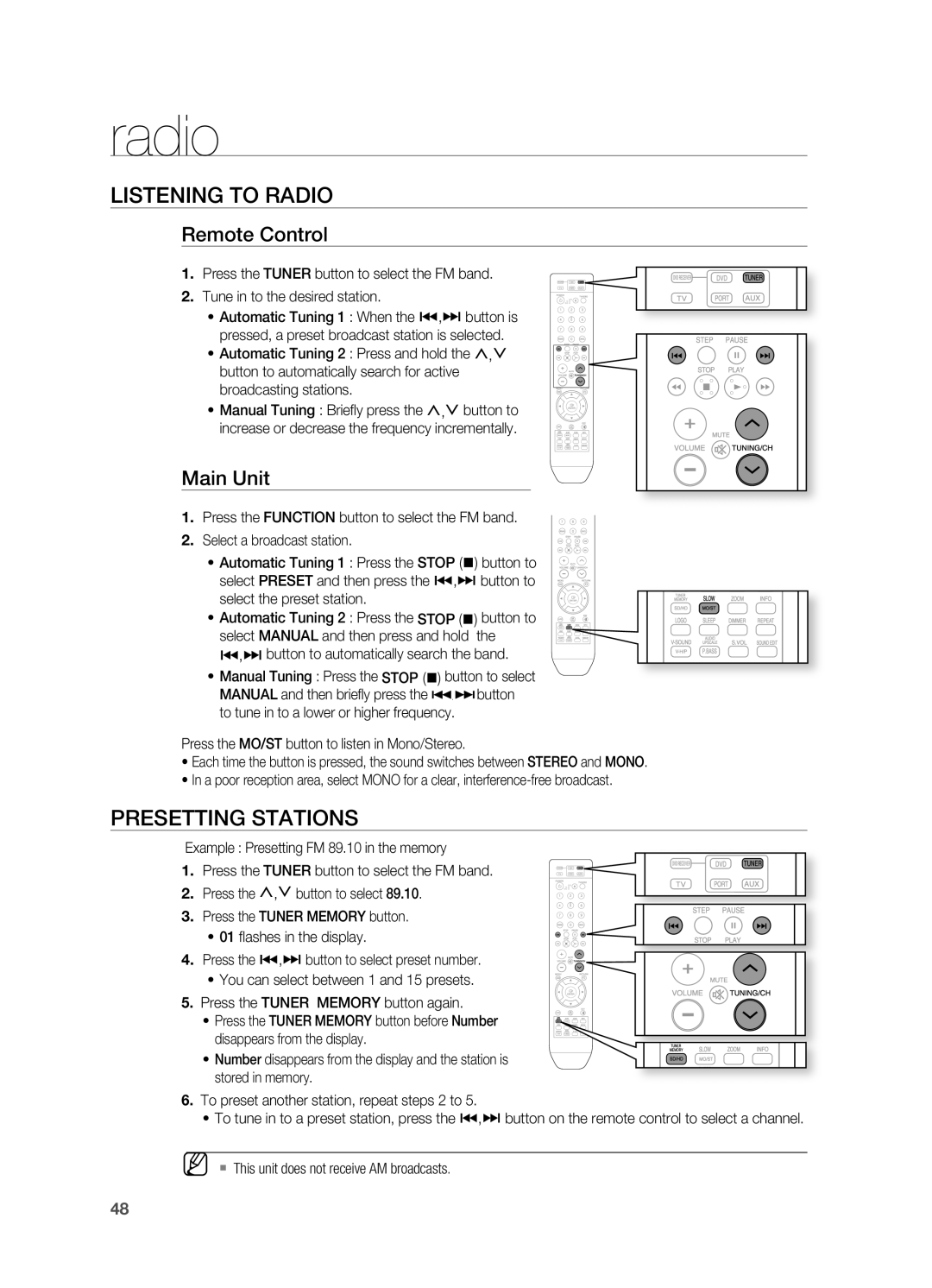 Samsung HT-X710 user manual radio, lISTENING TO rADIO, PrESETTING STATIONS, remote Control, Main Unit 