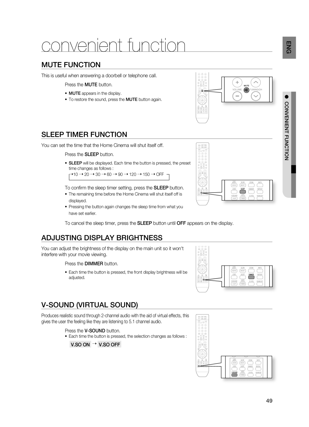 Samsung HT-X710 user manual convenient function, Mute Function, SlEEP TIMEr FUNCTION, ADJUSTING DISPlAY BrIGHTNESS 