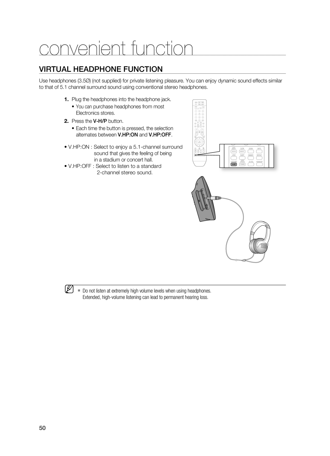 Samsung HT-X710 user manual VIrTUAl HEADPHONE FUNCTION, convenient function 