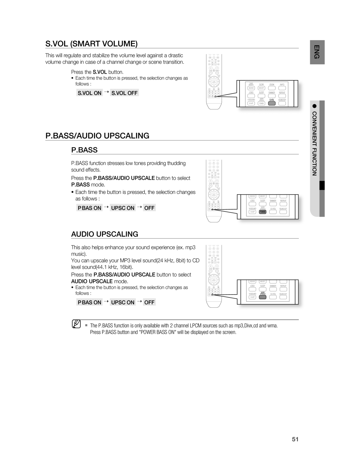 Samsung HT-X710 user manual S.VOl SMArT VOlUME, P.BASS/AUDIO UPSCAlING, P.Bass 