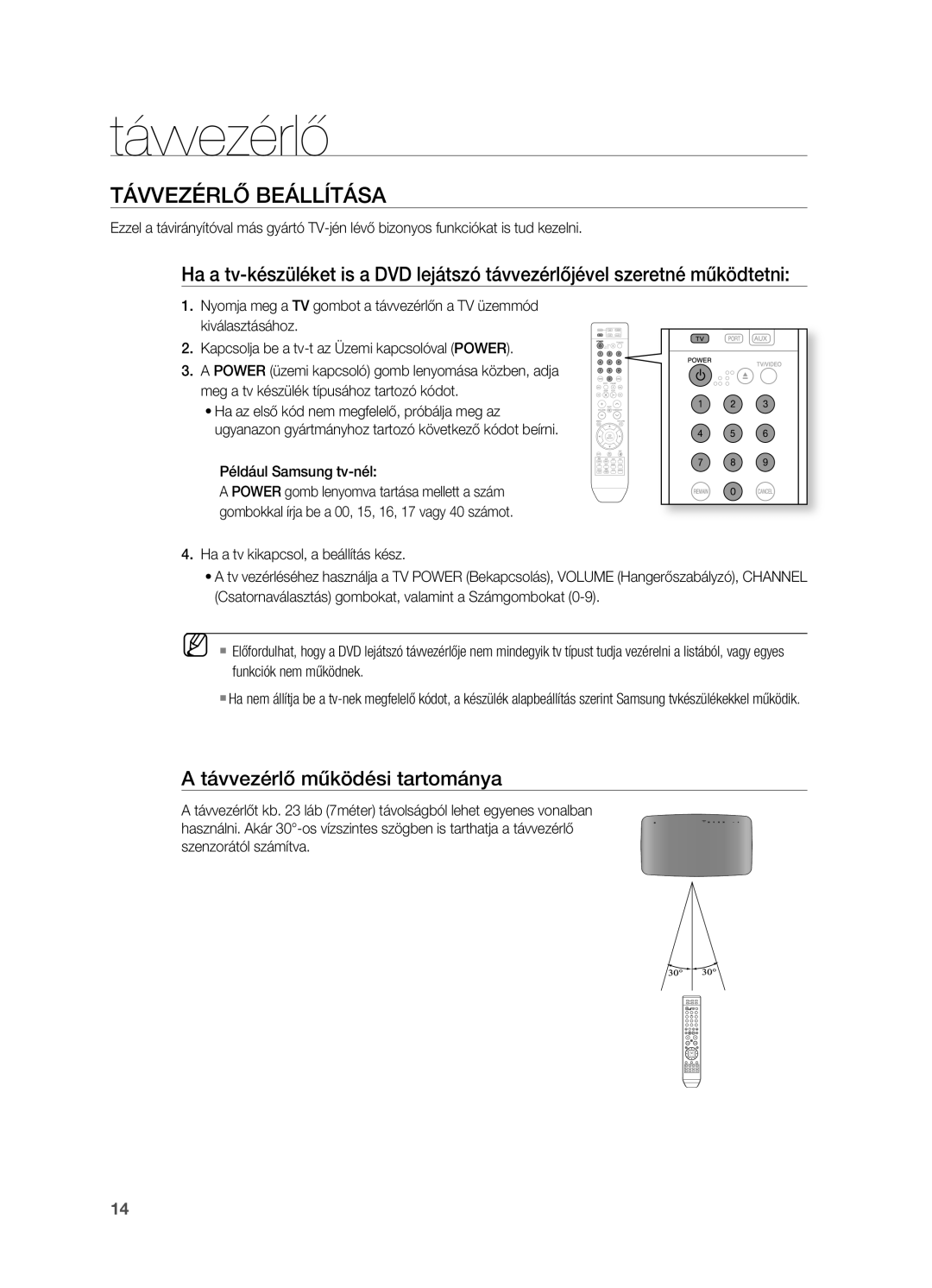 Samsung HT-X710T/XEE, HT-X710T/EDC manual TáVVEzÉRLő BEáLLíTáSA, Távvezérlő működési tartománya, Például Samsung tv-nél 