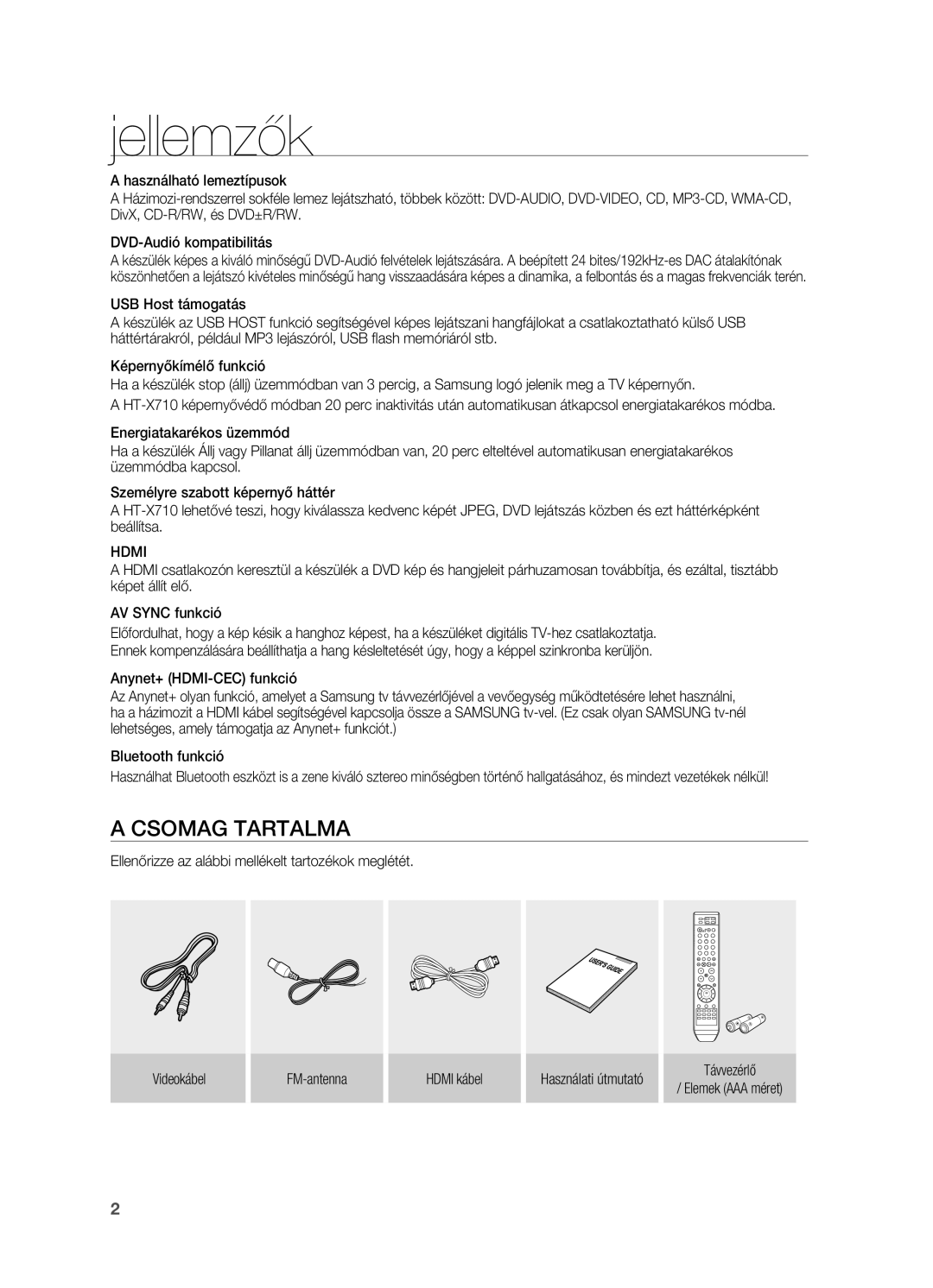 Samsung HT-X710T/XEE, HT-X710T/EDC, HT-X710T/XET manual Jellemzők, Hdmi, Távvezérlő Elemek AAA méret 