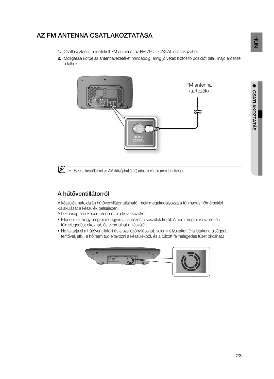 Samsung HT-X710T/XEE, HT-X710T/EDC, HT-X710T/XET manual Az FM Antenna CSATLAKOzTATáSA, Hűtőventillátorról 