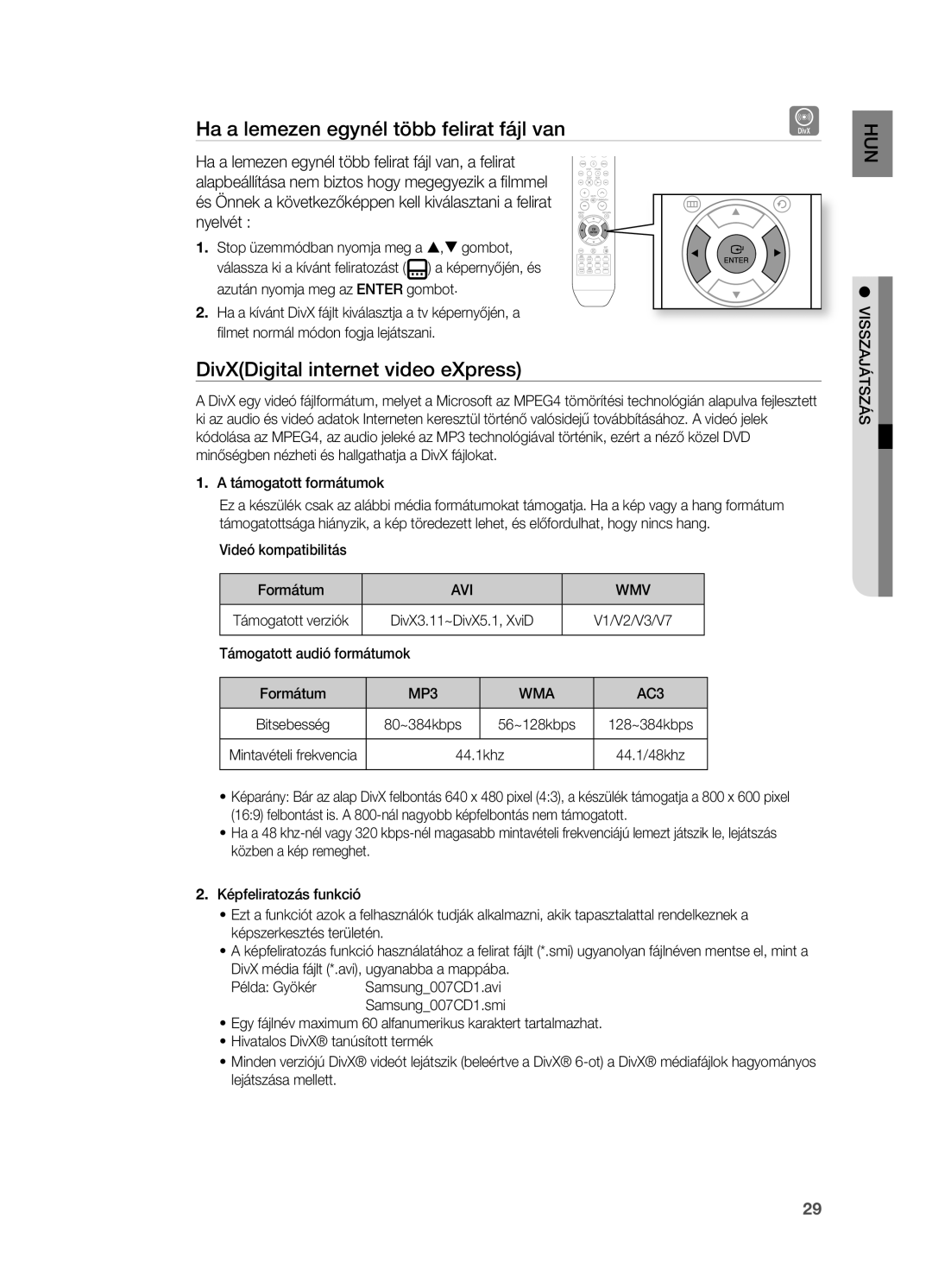 Samsung HT-X710T/XEE manual Ha a lemezen egynél több felirat fájl van, DivXDigital internet video eXpress, Avi Wmv, Wma 