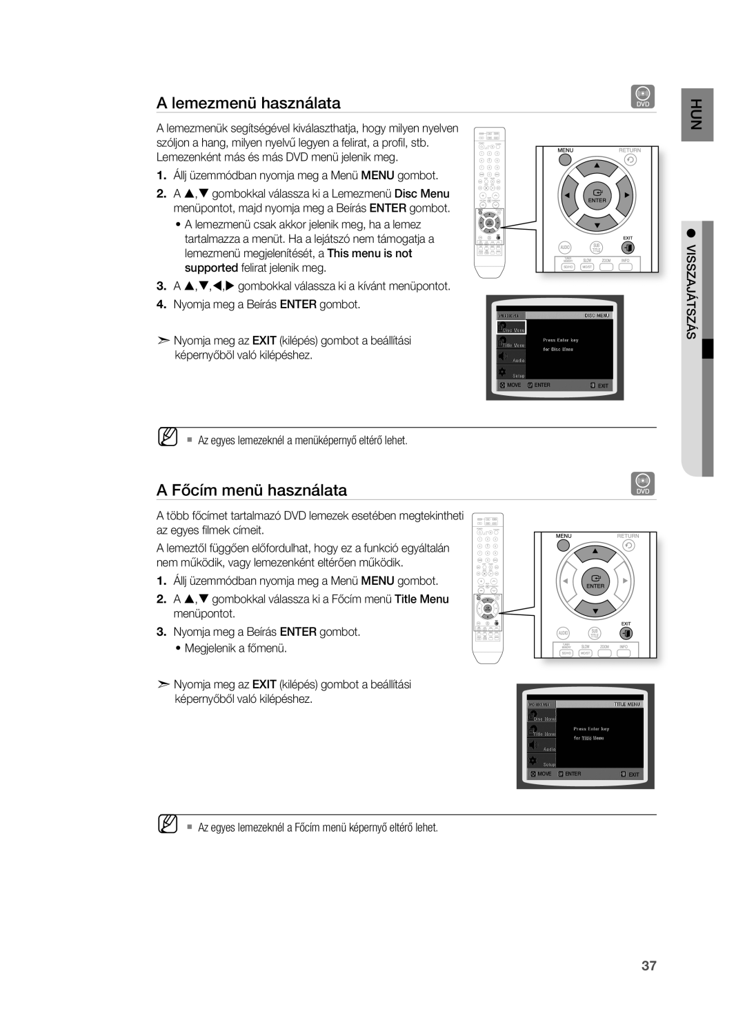 Samsung HT-X710T/XET manual Lemezmenü használata, Főcím menü használata, ` Az egyes lemezeknél a menüképernyő eltérő lehet 