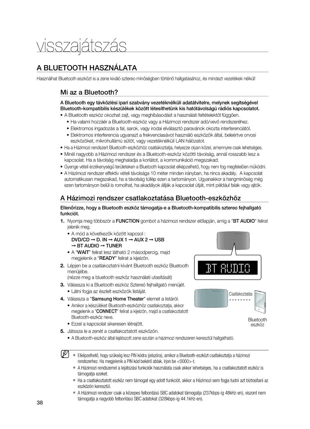 Samsung HT-X710T/XEE manual Bluetooth használata, Mi az a Bluetooth?, Házimozi rendszer csatlakoztatása Bluetooth-eszközhöz 