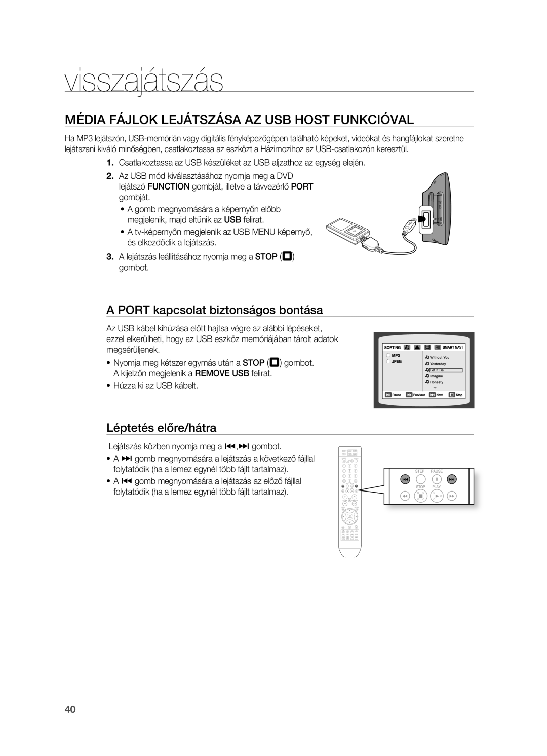 Samsung HT-X710T/XET, HT-X710T/EDC manual Média FájLOK LEjáTSzáSA Az USB Host FUNKCIóVAL, Port kapcsolat biztonságos bontása 