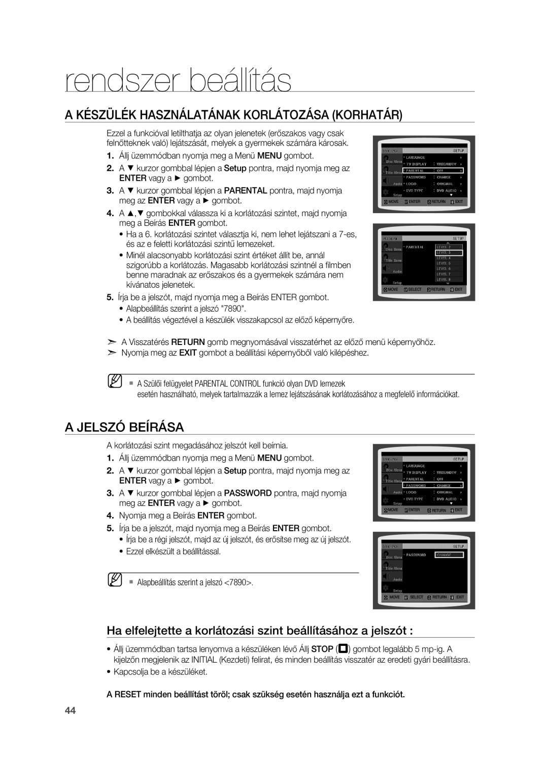 Samsung HT-X710T/XEE, HT-X710T/EDC, HT-X710T/XET manual Készülék használatának korlátozása Korhatár, Jelszó beírása 