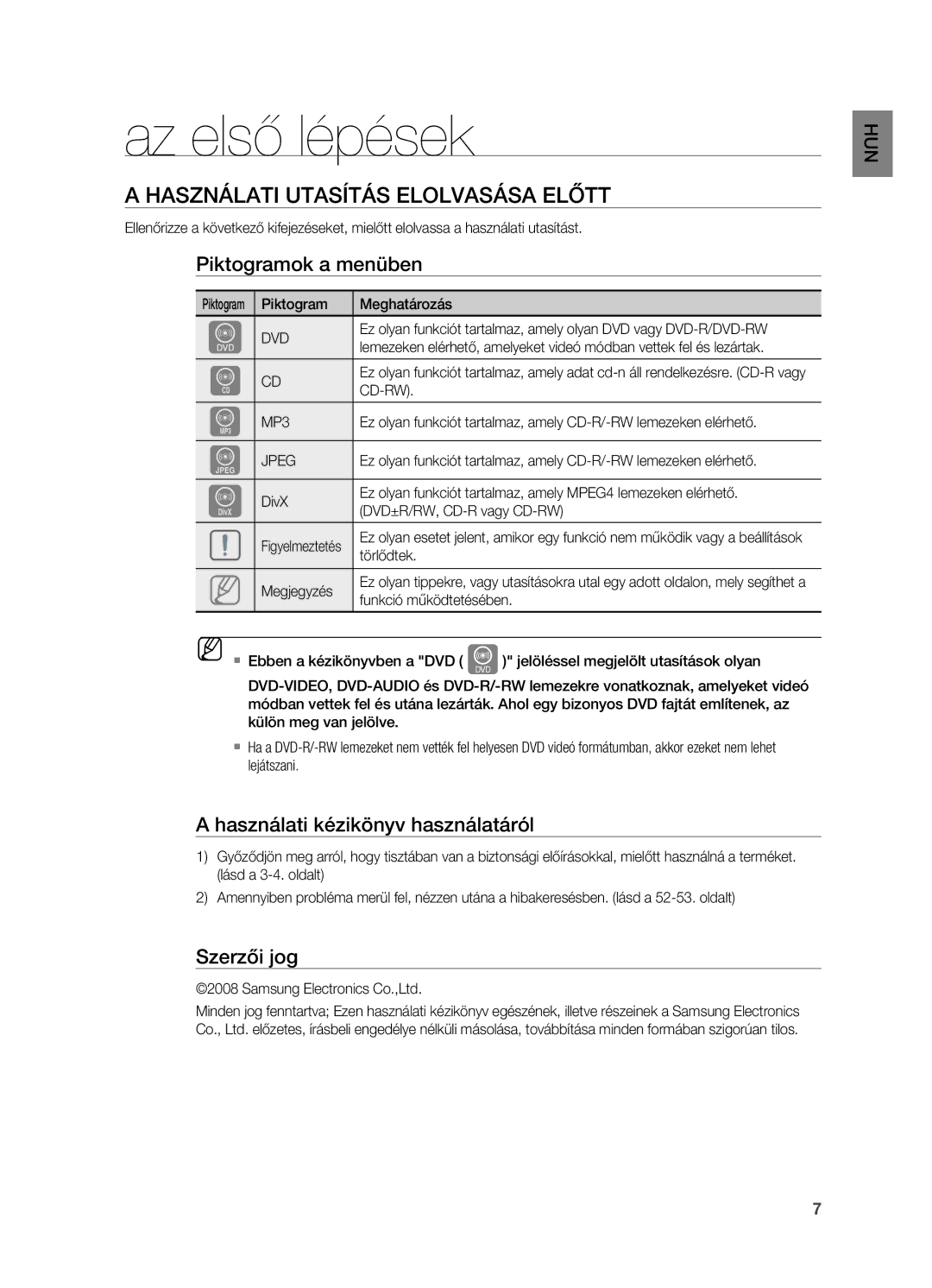 Samsung HT-X710T/XET manual Az első lépések, Használati Utasítás elolvasása elŐtt, Piktogramok a menüben, Szerzői jog 