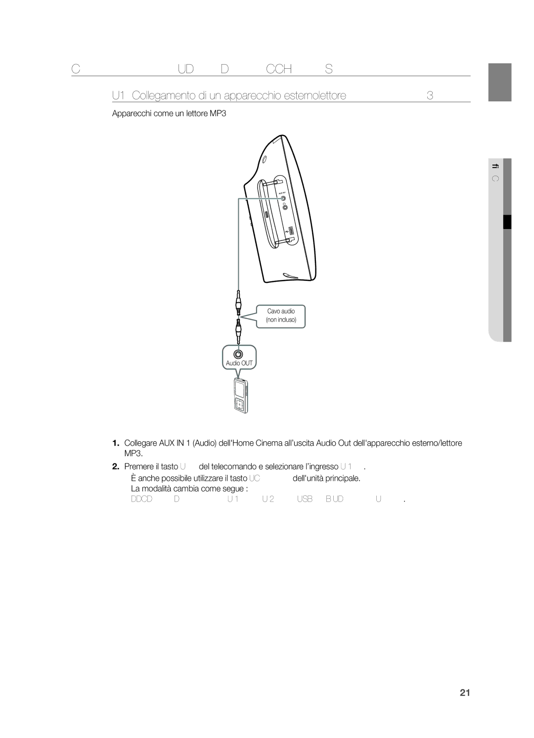 Samsung HT-X710T/XET Collegamento audio da Apparecchi esterni, AUX1 Collegamento di un apparecchio esterno/lettore MP3 