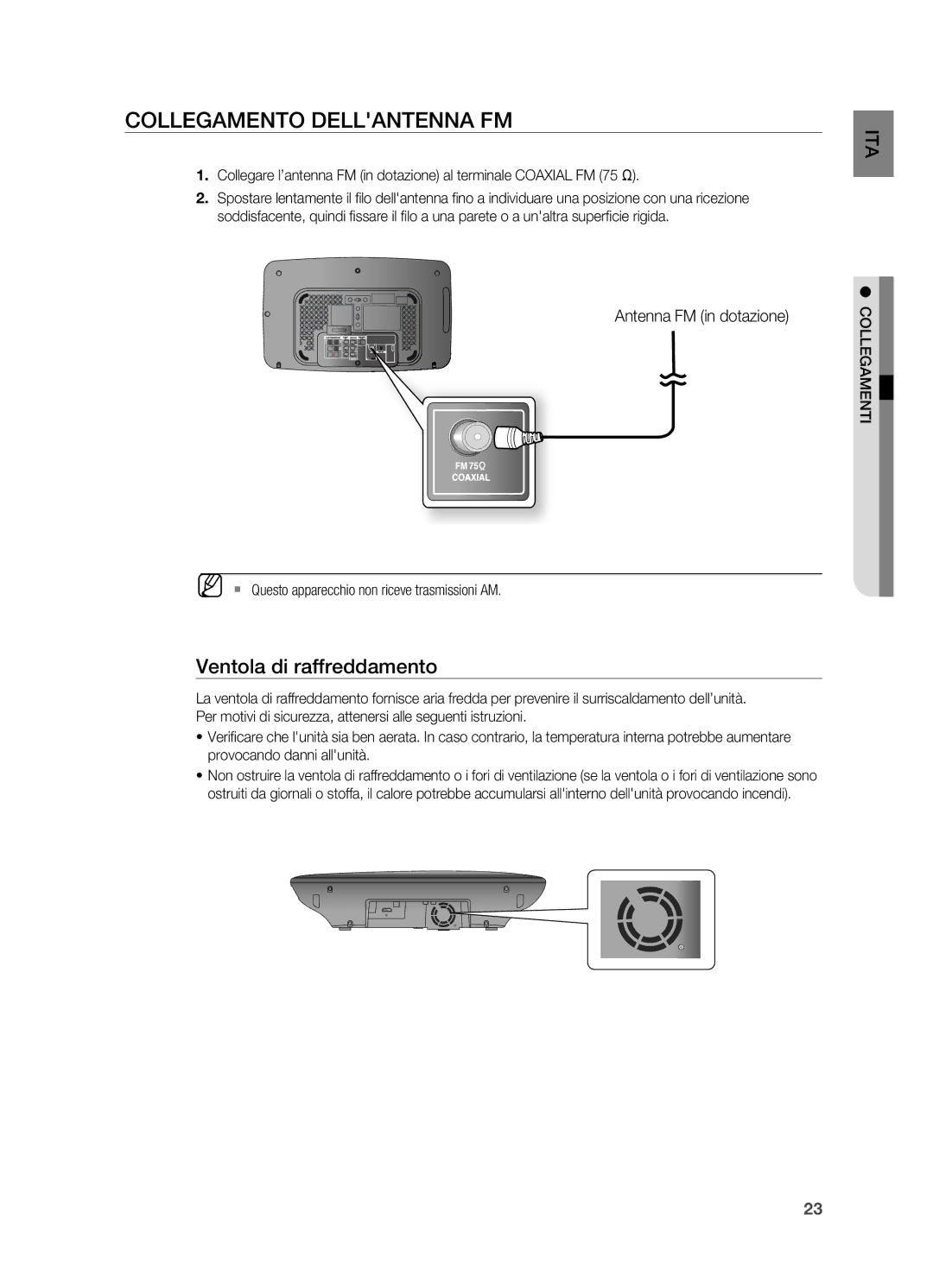 Samsung HT-X710T/XET, HT-X710T/EDC manual COllEgAMENTO DEllANTENNA FM, Ventola di raffreddamento 