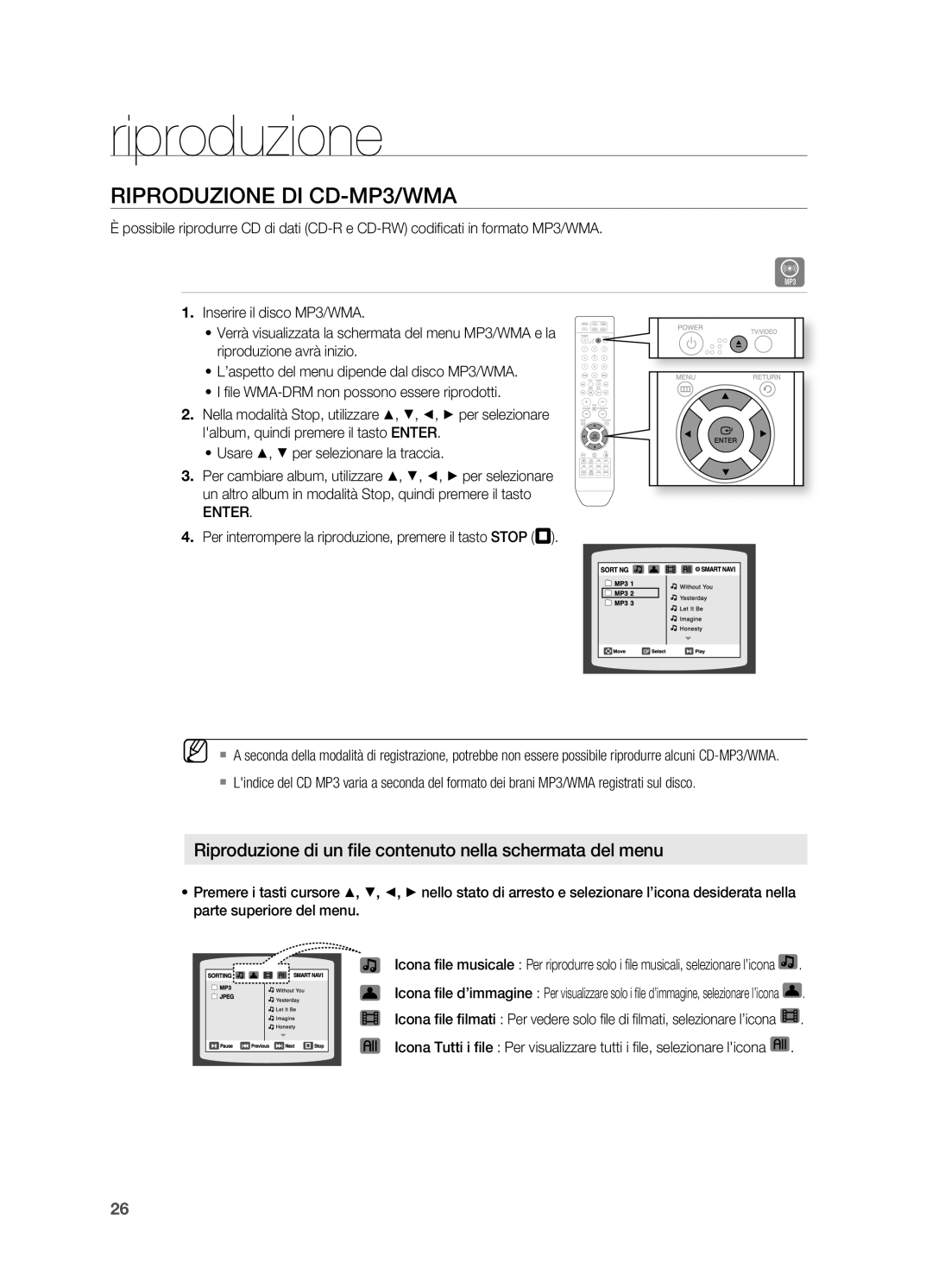 Samsung HT-X710T/EDC manual RIpRODUzIONE DI CD-Mp3/WMA, Enter, Per interrompere la riproduzione, premere il tasto STOp T 