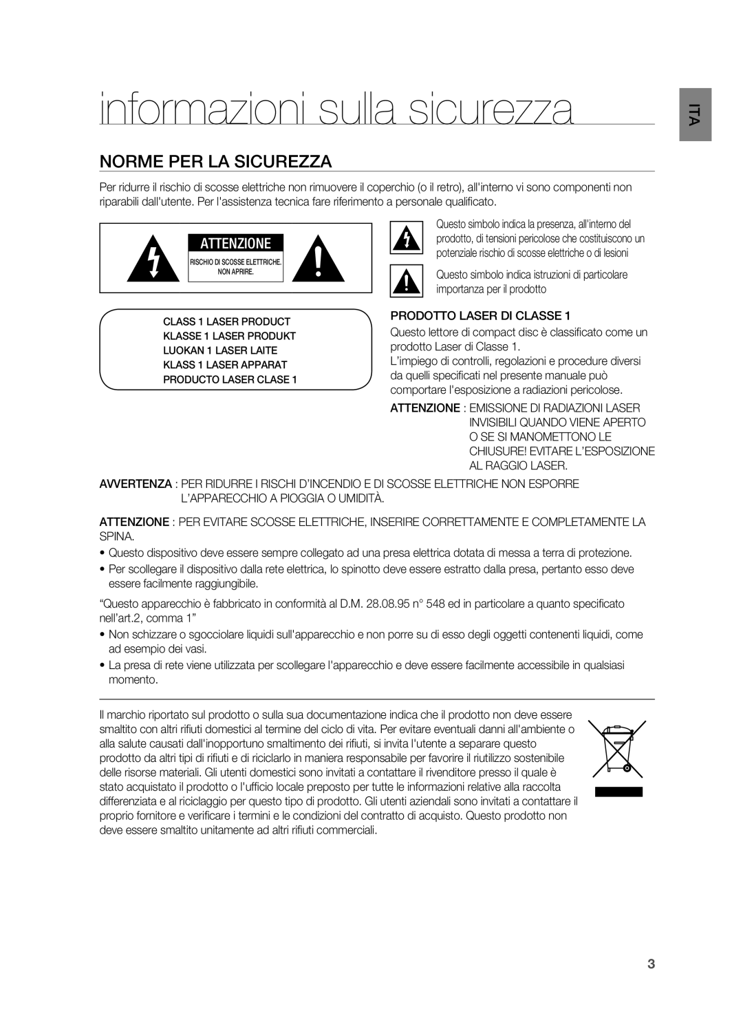 Samsung HT-X710T/XET, HT-X710T/EDC manual Informazioni sulla sicurezza, Norme per la sicurezza, Importanza per il prodotto 