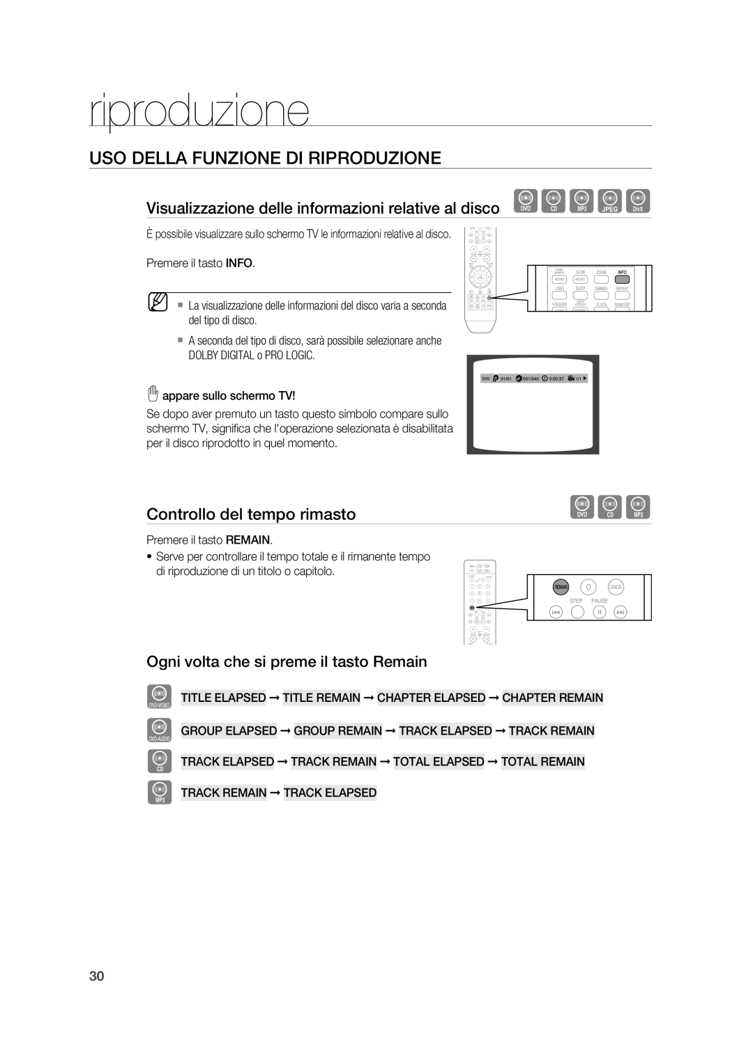 Samsung HT-X710T/EDC manual USO DEllA FUNzIONE DI RIpRODUzIONE, Visualizzazione delle informazioni relative al disco 