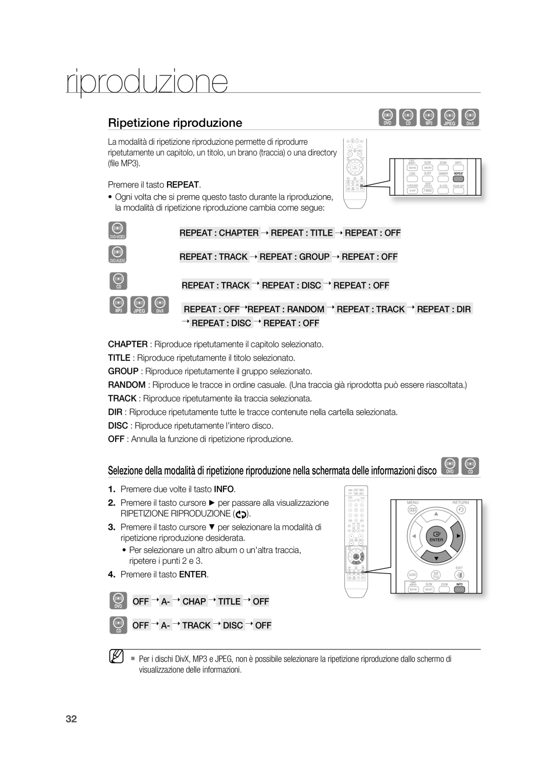 Samsung HT-X710T/EDC, HT-X710T/XET manual Ripetizione riproduzione, Ripetizione Riproduzione, Boff  A-  Track  Disc  OFF 