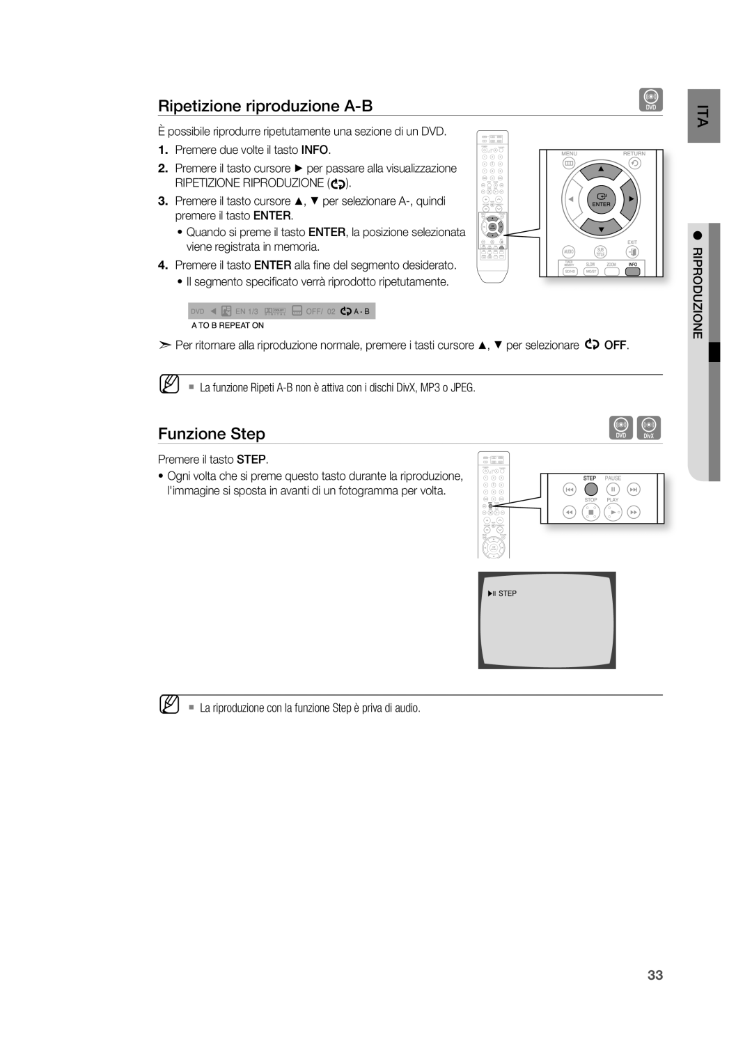 Samsung HT-X710T/XET, HT-X710T/EDC manual Ripetizione riproduzione A-B, Funzione Step, Premere il tasto STEp 