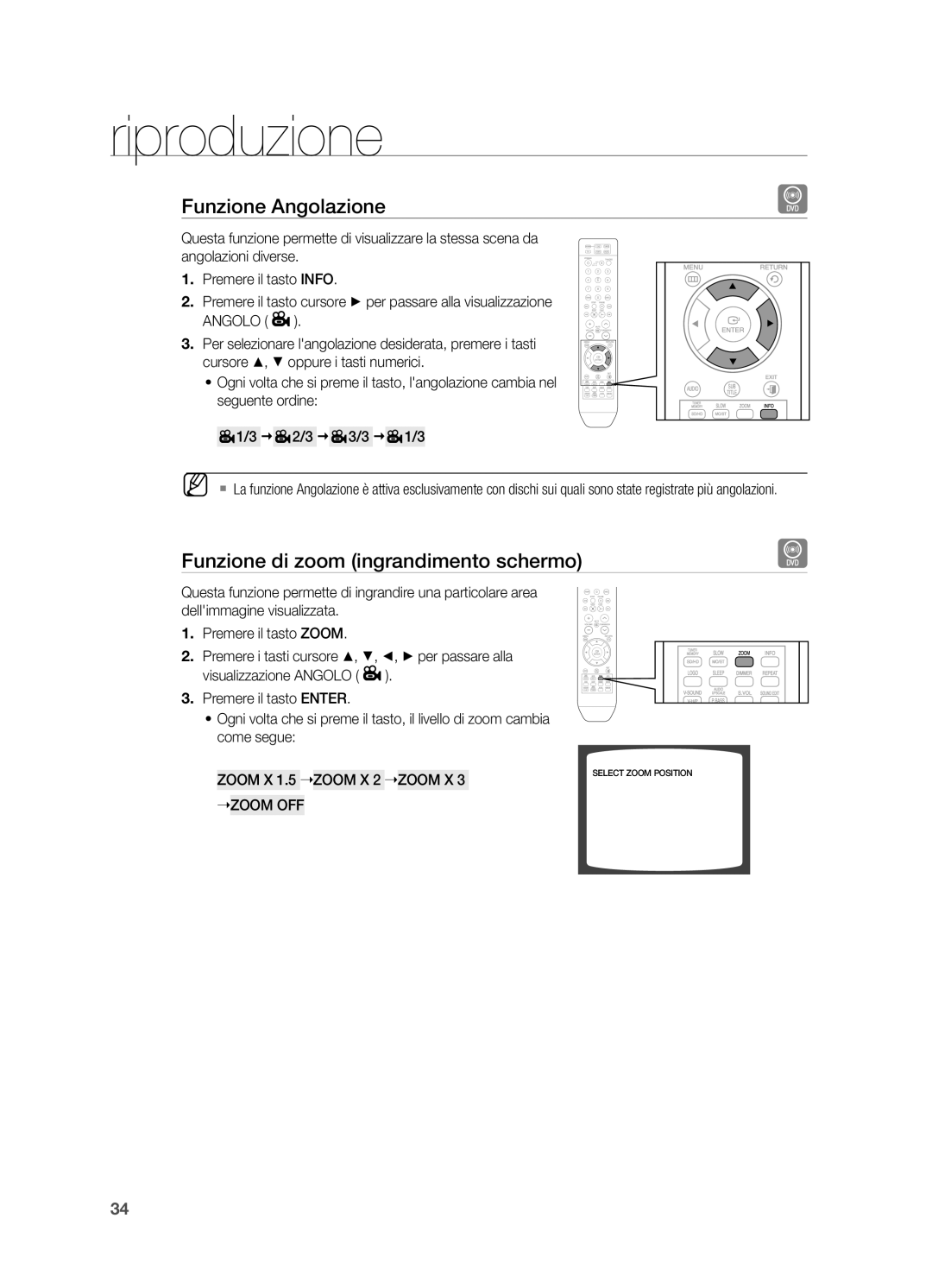 Samsung HT-X710T/EDC, HT-X710T/XET manual Funzione Angolazione, Funzione di zoom ingrandimento schermo 