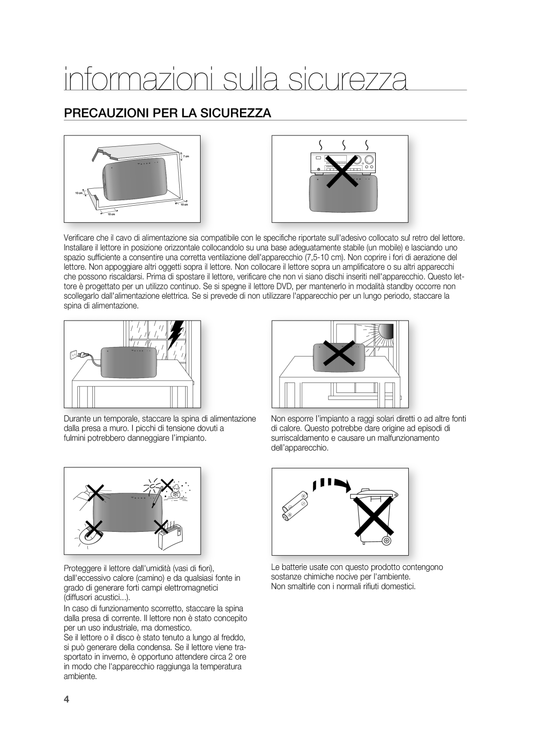 Samsung HT-X710T/EDC, HT-X710T/XET manual PRECAUzIONI pER lA SICUREzzA, Le batterie usate con questo prodotto 