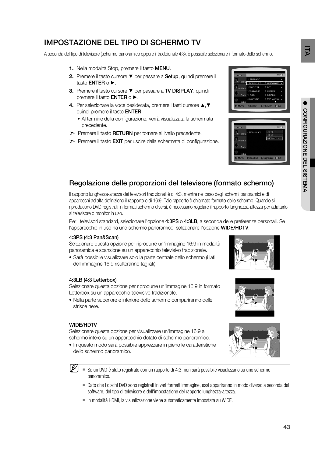 Samsung HT-X710T/XET manual Impostazione del tipo di schermo TV, 43PS 43 Pan&Scan, Wide/Hdtv, Configurazione del sistema 