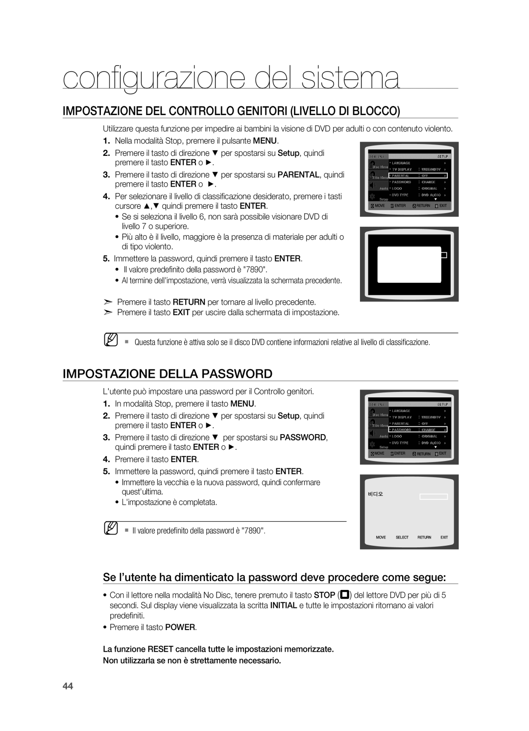 Samsung HT-X710T/EDC, HT-X710T/XET manual Impostazione del controllo genitori Livello DI Blocco, Impostazione della password 