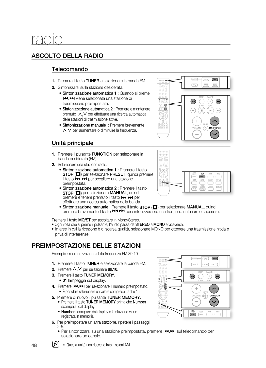 Samsung HT-X710T/EDC, HT-X710T/XET ASCOlTO DEllA Radio, PREIMpOSTAzIONE DEllE STAzIONI, Telecomando, Unità principale 