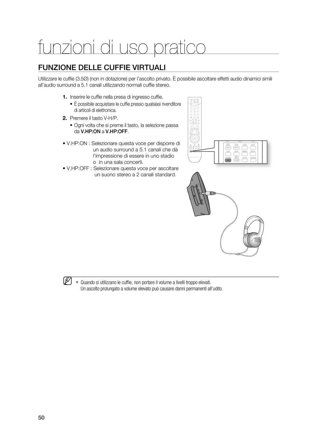 Samsung HT-X710T/EDC, HT-X710T/XET manual FUNzIONE DEllE Cuffie VIRTUAlI 