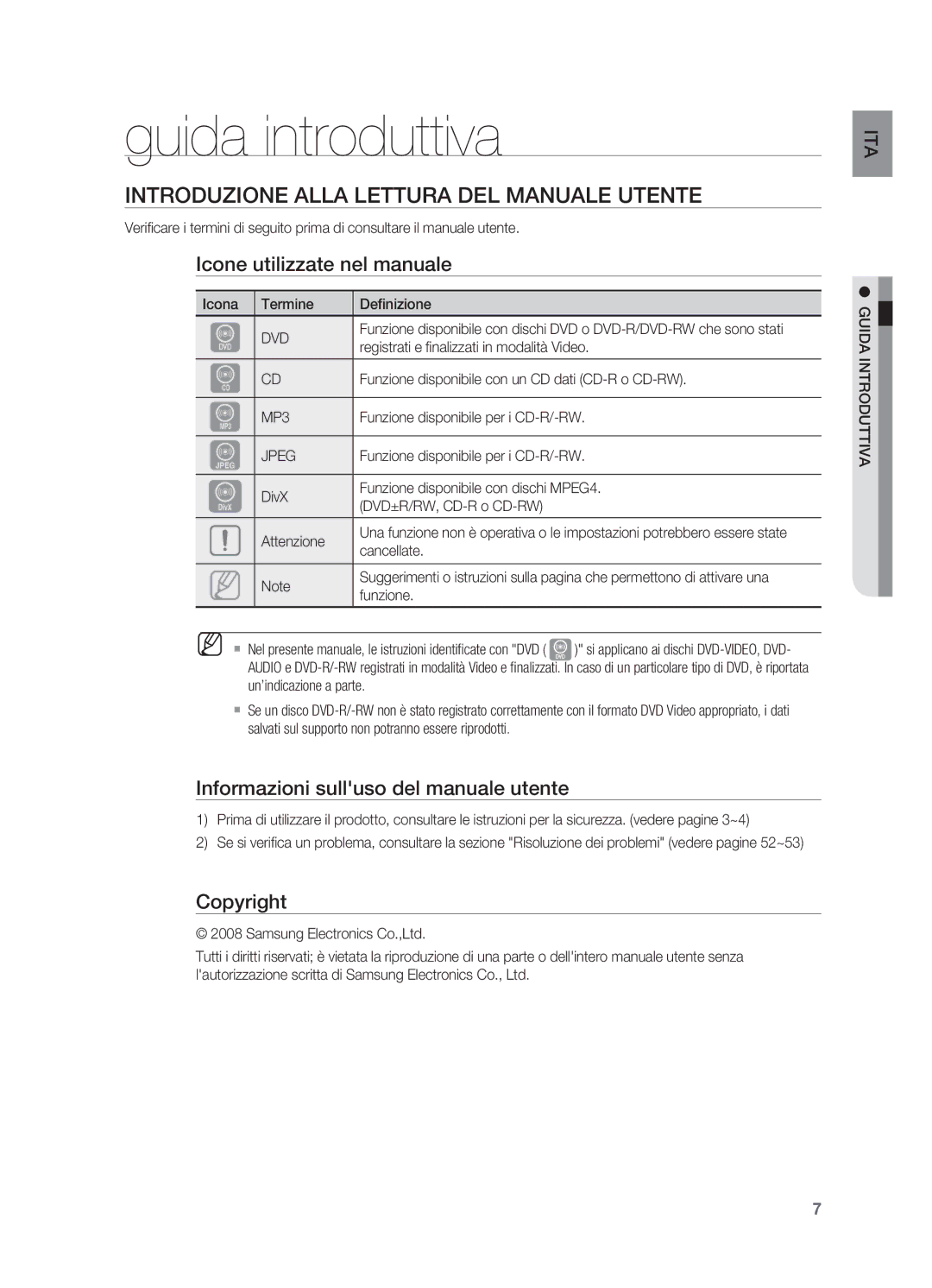 Samsung HT-X710T/XET Guida introduttiva, Introduzione alla lettura del Manuale Utente, Icone utilizzate nel manuale 