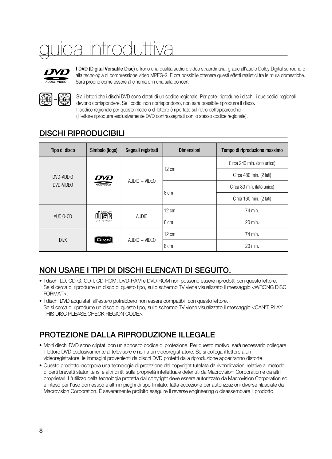 Samsung HT-X710T/EDC, HT-X710T/XET Dischi riproducibili, Non usare i Tipi DI Dischi elencati di seguito, Dimensioni, 12 cm 