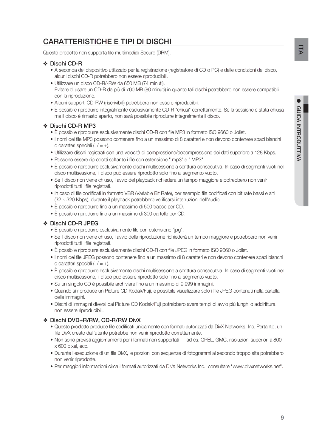 Samsung HT-X710T/XET manual Caratteristiche E Tipi DI Dischi, Questo prodotto non supporta file multimediali Secure DRM 