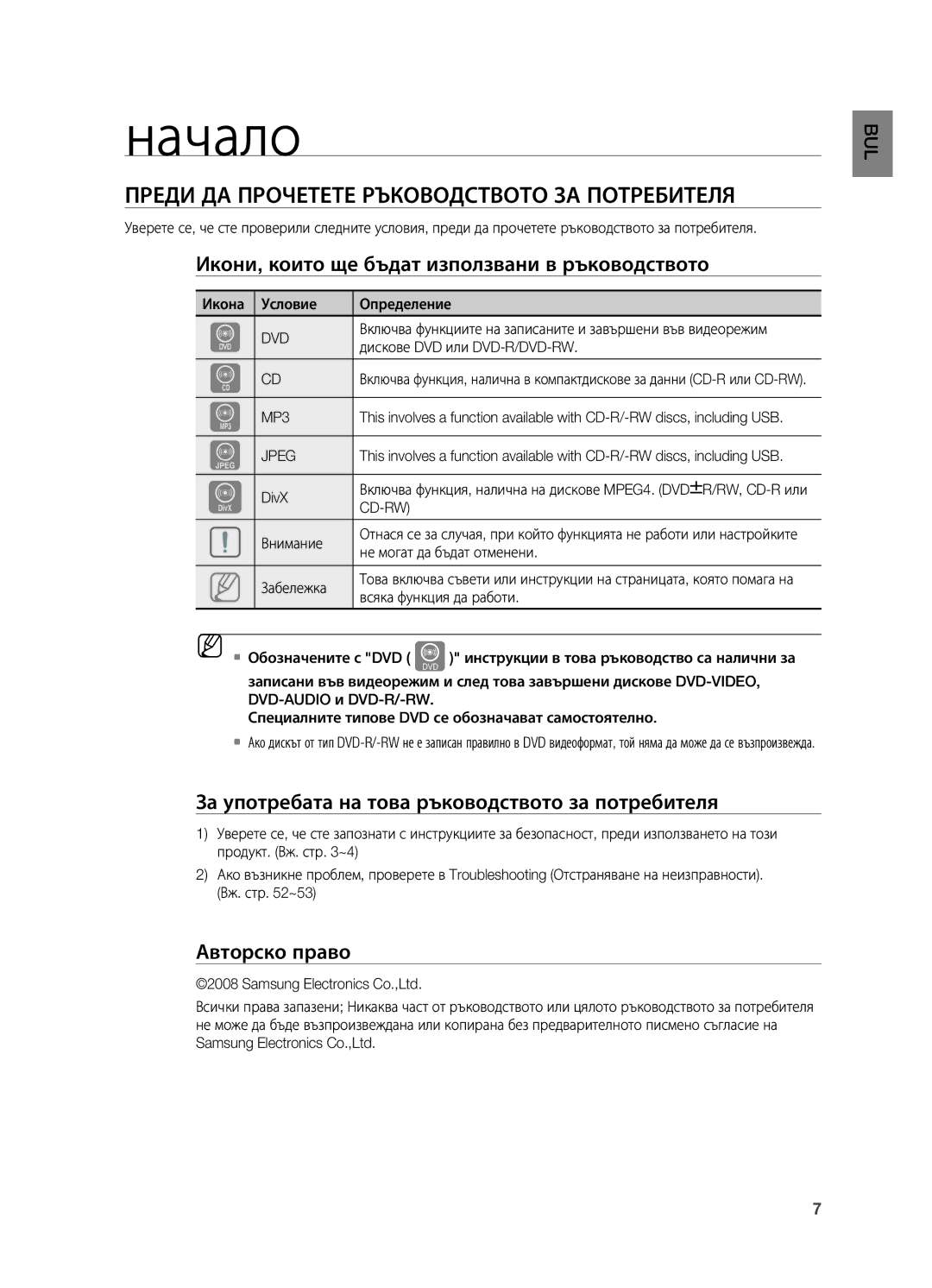 Samsung HT-X710T/EDC manual Начало, Преди ДА Прочетете Ръководството ЗА Потребителя, Авторско право 