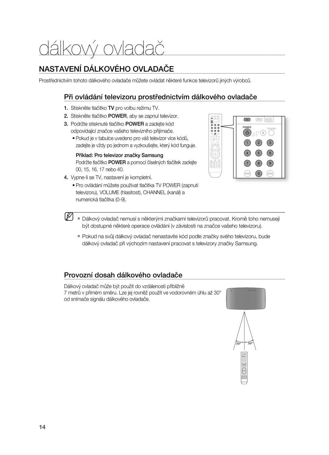 Samsung HT-X710T/EDC manual Nastavení DÁLKOVéHO Ovladače, Při ovládání televizoru prostřednictvím dálkového ovladače 